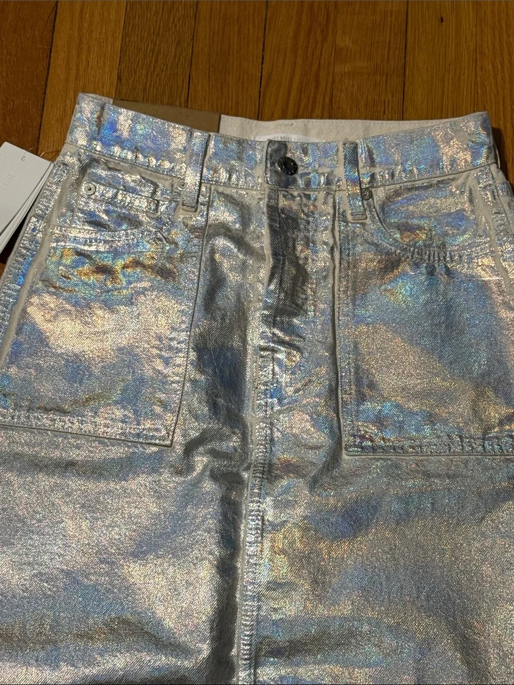 NWT Helmut Lang Silver Metallic Denim Pencil Skirt Size 24